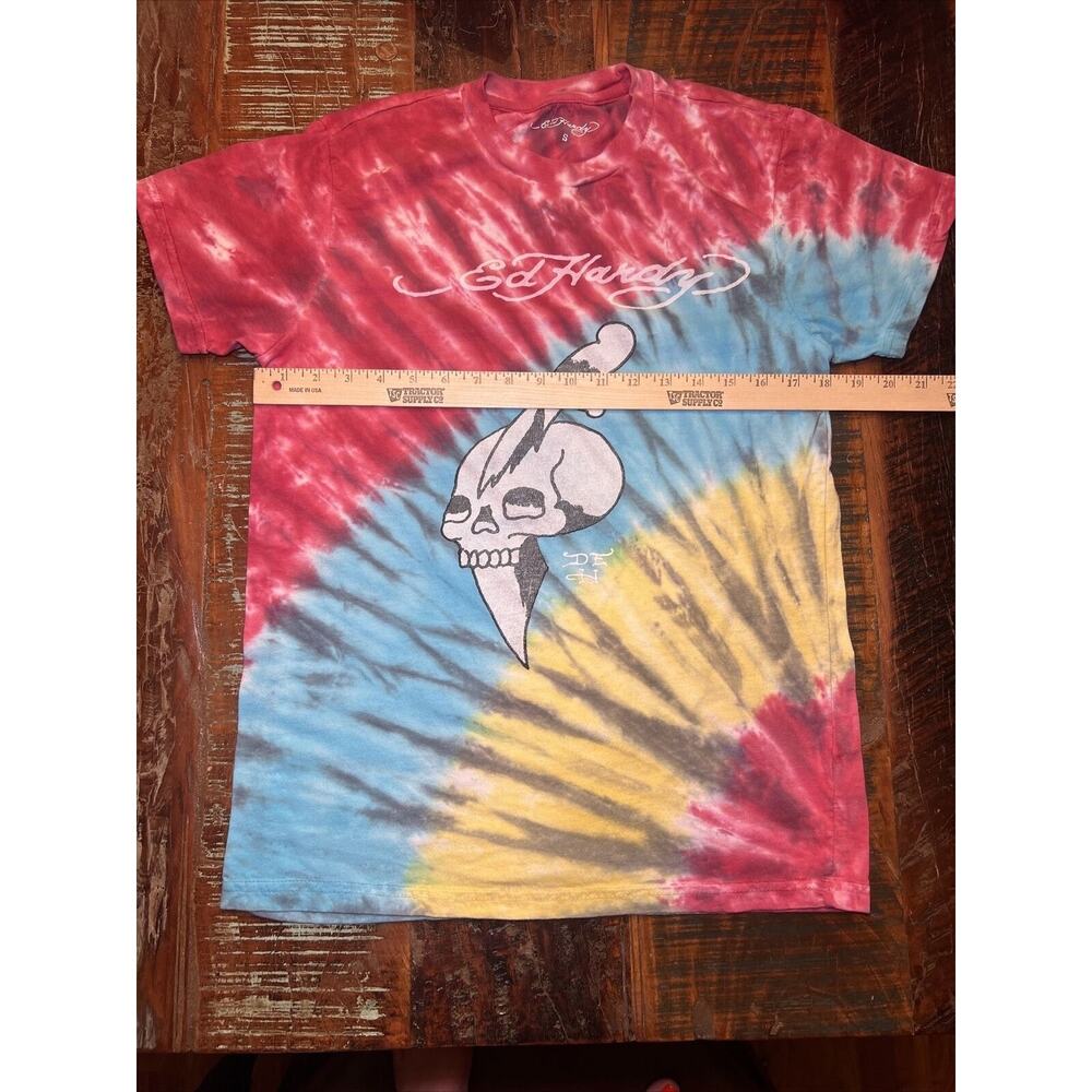 Ed Hardy T-Shirt Women's Small Aqua Cotton Tie-Dye Skull Knife Graphic Vintage - Picture 5 of 8